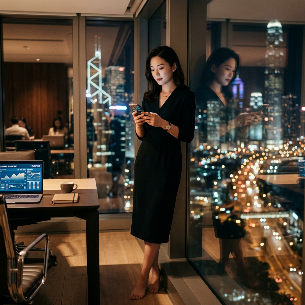 Asian businesswoman using smartphone with city skyline at night