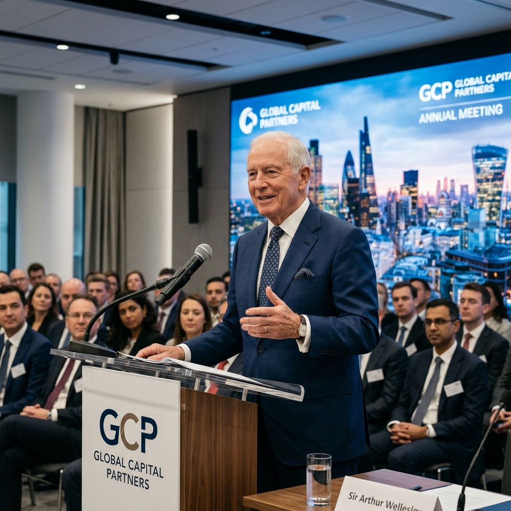 Group Chairman at shareholders meeting with city skyline backdrop