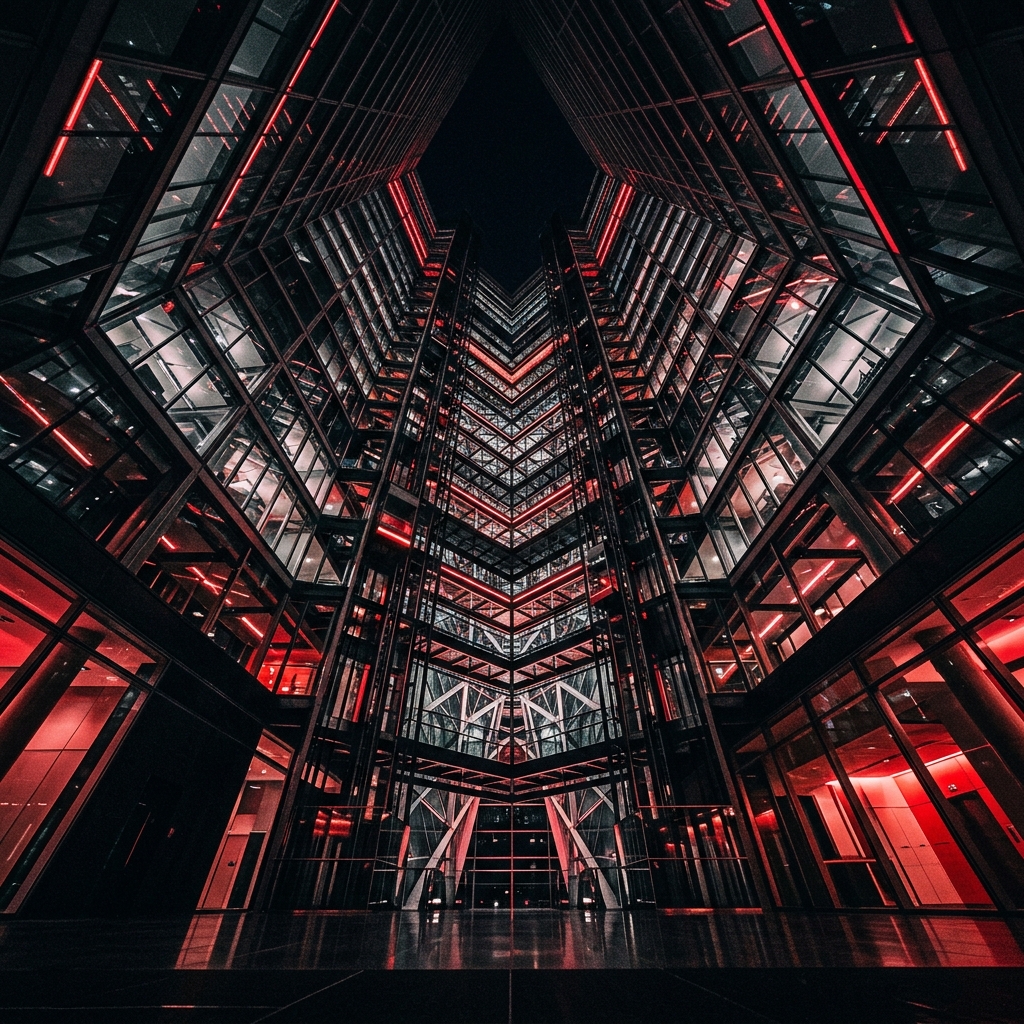 Dramatic architectural photography of modern building with red lighting